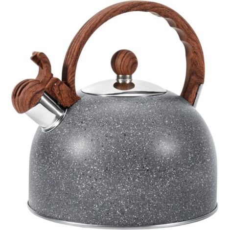 Théière sifflante de 2,5 litres, compatible avec cuisinière, théière en acier inoxydable adaptée à l'eau bouillante, au lait ou au café, théière gris étoilé avec poignée en bois anti-chaleur