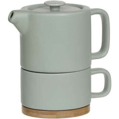 Théière solitaire en céramique vert menthe avec tasse intégrée, socle en bambou et capacité de 40 cl – Livraison gratuite