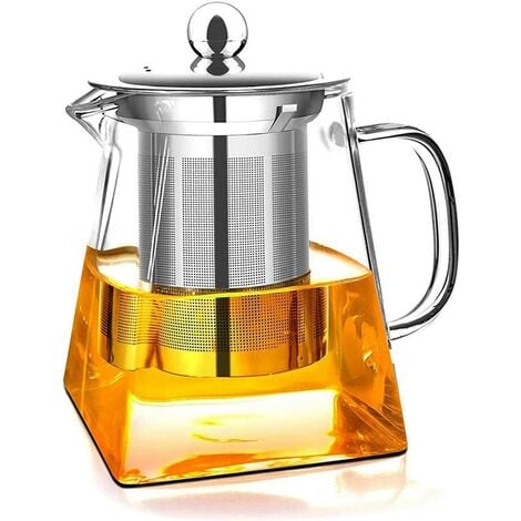 Théière transparente à fond carré 1 pièce avec infuseur en verre transparent, infuseur domestique en borosilicate, parfait pour le thé et le café (950 ml)