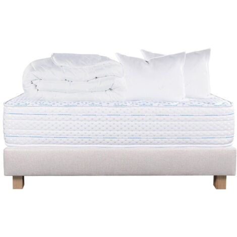 THELIO - Pack Matelas + Sommier Tapissier Beige 140x200 cm + 2 Oreillers + 1 Couette