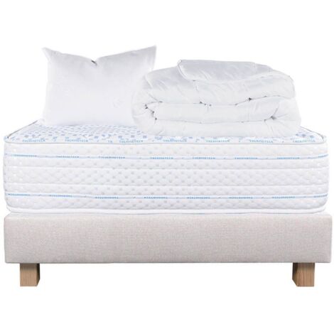 THELIO - Pack Matelas + Sommier Tapissier Beige 90x190 cm + 1 Oreiller + 1 Couette