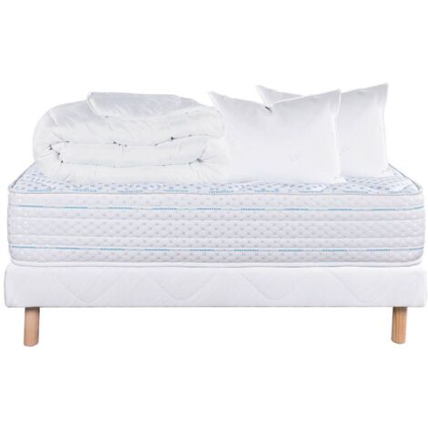 THELIO - Pack Matelas  + Sommier Tapissier Blanc 160x200 cm + 2 Oreillers + 1 Couette