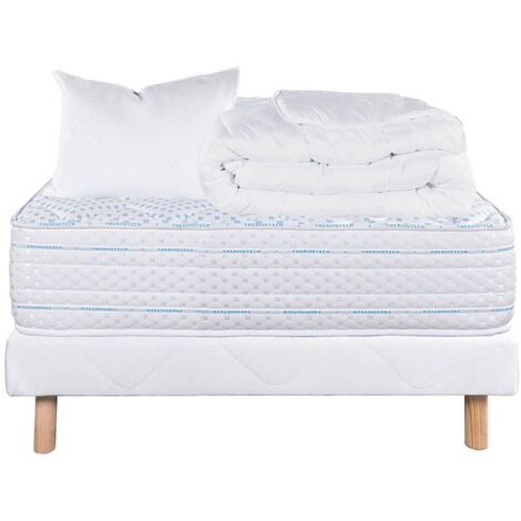 THELIO - Pack Matelas + Sommier Tapissier Blanc 90x190 cm + 1 Oreiller + 1 Couette