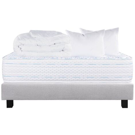 THELIO - Pack Matelas + Sommier Tapissier Gris 160x200 cm + 2 Oreillers + 1 Couette