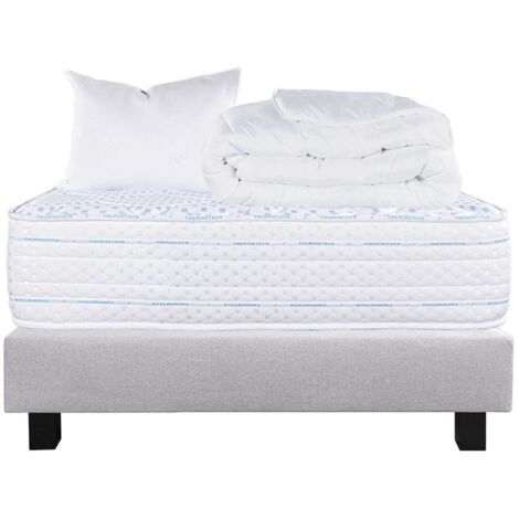 THELIO - Pack Matelas + Sommier Tapissier Gris 90x190 cm + 1 Oreiller + 1 Couette