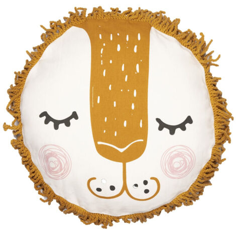 THEO - Coussin Déhoussable Ø40cm Coton Motif Lion avec Franges de Macramé