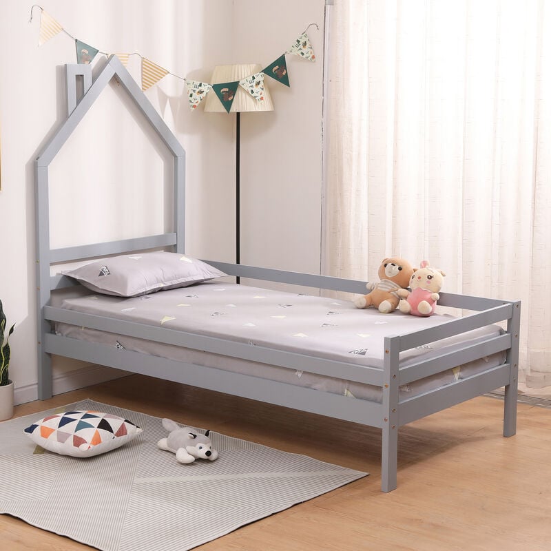Theo kids wooden house single bed frame Grey - Grey