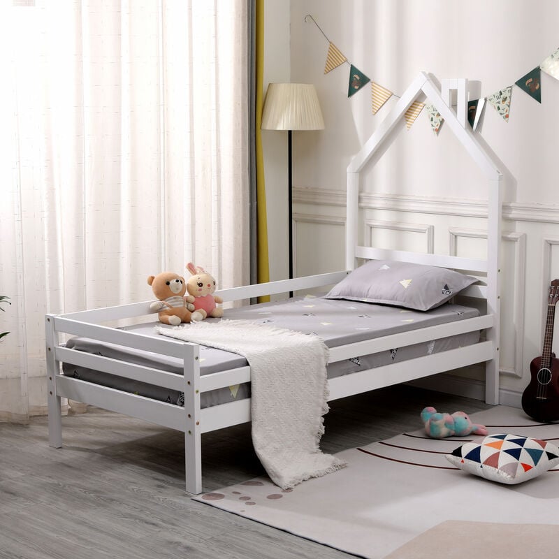 Theo kids wooden house single bed frame White - White
