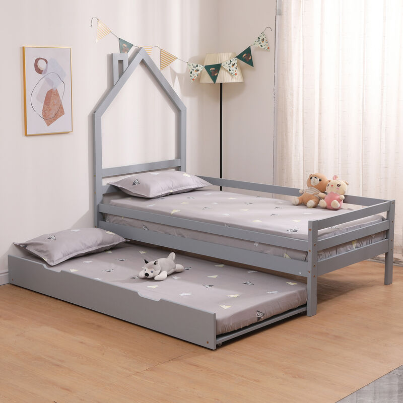 Theo kids wooden house single bed frame with guest trundle bed Grey - Grey