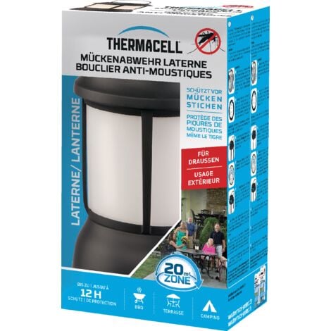 THERMACELL Lampe Anti-Moustiques et Moustiques Tigres - Extérieur, Jardin, Terrasse - Sans Fil - Zone de Protection 20m² - Inodore - 3 Recharges Incluses pour 12h de Protection - Lanterne - Noir