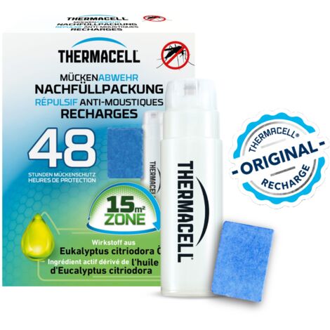 THERMACELL Recharge Répulsive Anti Moustiques & Moustiques Tigres - Protection Efficace 15m²- Compatible avec Diffuseurs, Nomades et Lanternes - Durée 48h - 4 Cartouche Gaz + 12 plaquettes