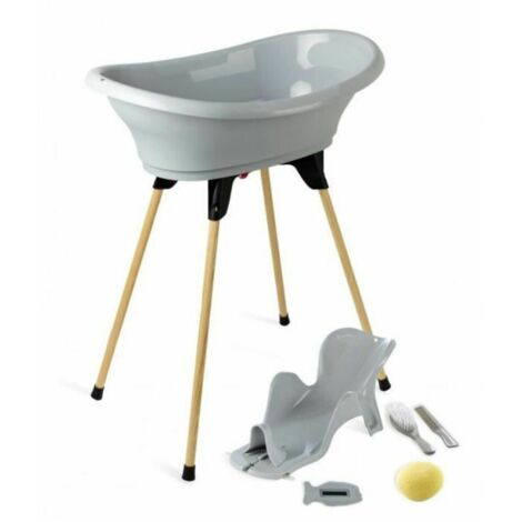 Thermobaby - Pack de bañera para bebé VASCO 7 En 1 - Bañera, pata de madera, Tubo de desagüe, hamaca de baño, Termómetro, Cepillo, Peine, Esponja - Plegable & Estable - Fabricado en Francia