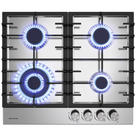 ThermoMate GHSS604 Plaque de Cuisson à Gaz Naturel/Butane/Propane Encastrable, Avec Grilles en fonte émaillée - 4 Foyers - 8000W - Surface en Acier Inoxydable