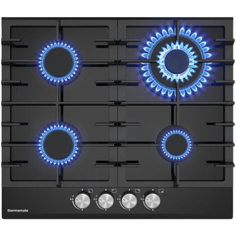 ThermoMate Plaque de Cuisson à Gaz Naturel/Butane/Propane Encastrable, Avec Grilles en fonte émaillée - GHBG604 - 4 Foyers - 8000W - Verre Trempé