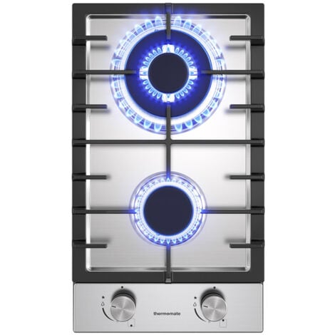 ThermoMate Plaque de Cuisson à Gaz Naturel/Butane/Propane Encastrable, Avec Grilles en fonte émaillée - GHSS302 - 2 Foyers - 5200W - Acier Inoxydable