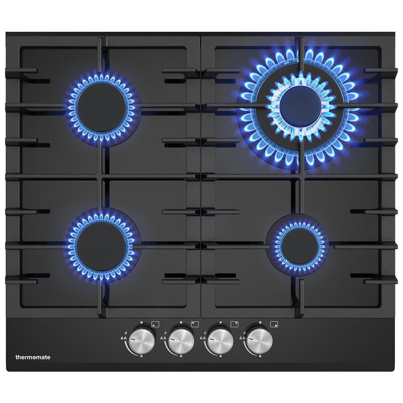 Thermomate - Plaque de Cuisson à Gaz Naturel/Butane/Propane Encastrable, Avec Grilles en fonte émaillée - GHBG604 - 4 Foyers - 8000W - Verre Trempé