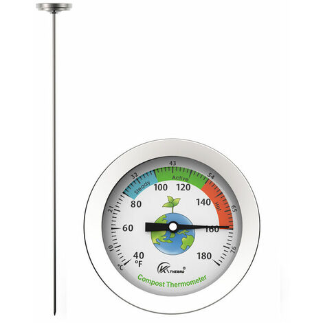 Thermomètre à compost - Thermomètre à cadran en acier inoxydable pour compostage domestique et jardin - Cadran C & F de 54 mm de diamètre, accélérateur de compostage avec sonde de température de 500 m