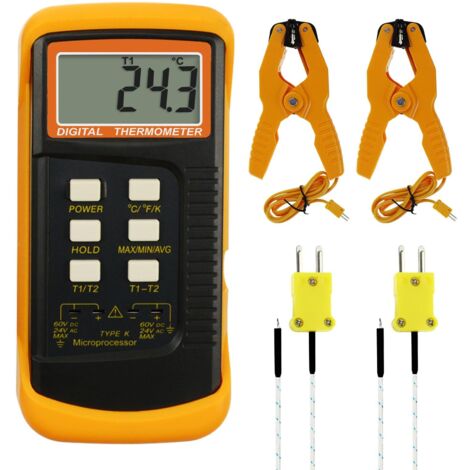 Thermomètre à thermocouple de type K (-501300°C), thermomètre numérique à deux canaux avec 2 pinces de température et 2 sondes de thermocouple câblées, testeur de température de haute précision