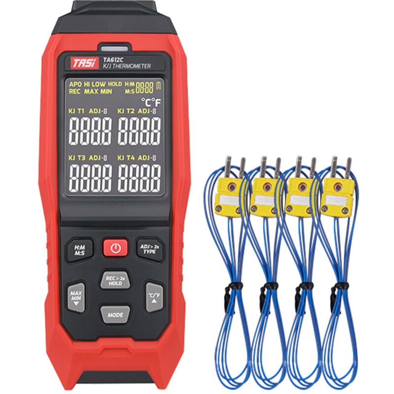 Thermomètre à thermocouple de type k/j à 4 canaux TA612C -2001372℃/-3282501℉, 5000 ensembles de stockage de données, avec téléchargement de données