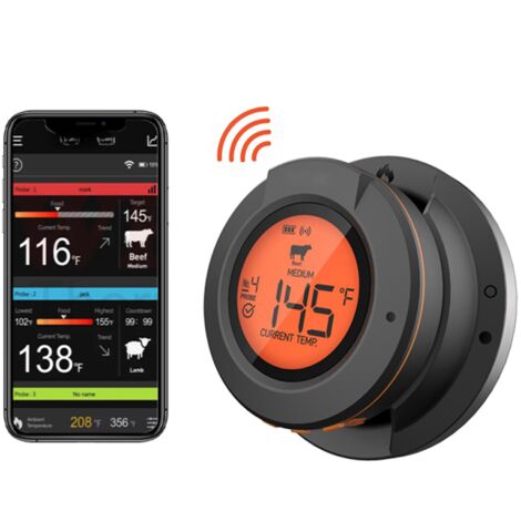 Thermomètre à viande connecté, 2 sondes, portée 50 m, Bluetooth 4.2, application, étanchéité IP64, fumoir four barbecue