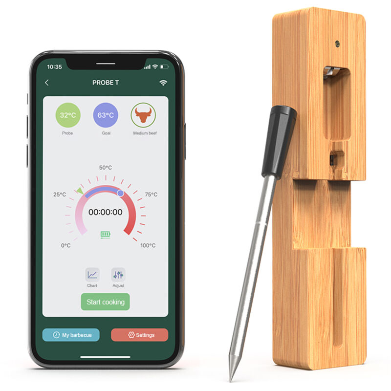 Thermomètre à viande sans fil 5-10 minutes Charge rapide 98FT Gamme sans fil Sonde à viande bt pour griller et fumer IPX7 étanche Smart app Control