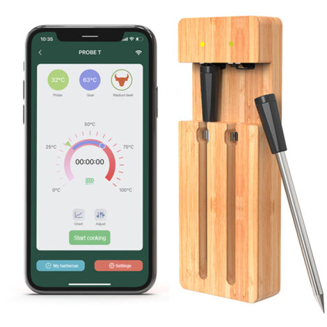 Thermomètre à viande sans fil, portée 30 m, Bluetooth, 2 sondes, contrôle application, étanche, rechargeable USB-C (pour barbecue, four, fumoir)