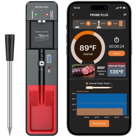 Thermomètre à viande sans fil, thermomètre alimentaire numérique pour la cuisson et le barbecue, thermomètre à viande intelligent Bluetooth d'une portée de 110 mètres-AquaForge