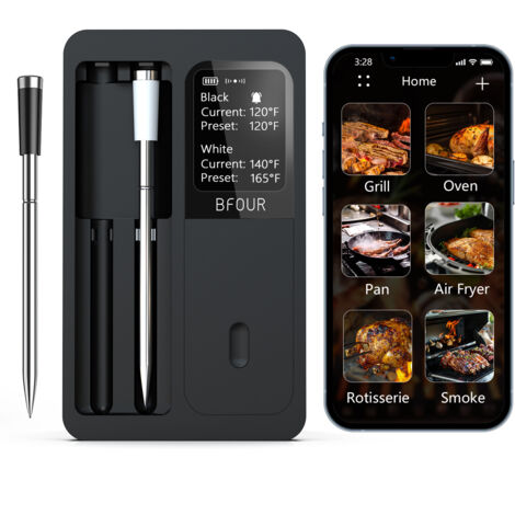Thermomètre à viande sans fil WiFi avec 2 sondes, compatible avec les fours, les friteuses, les poêles, les grils, les fumoirs et les poêles à frire.