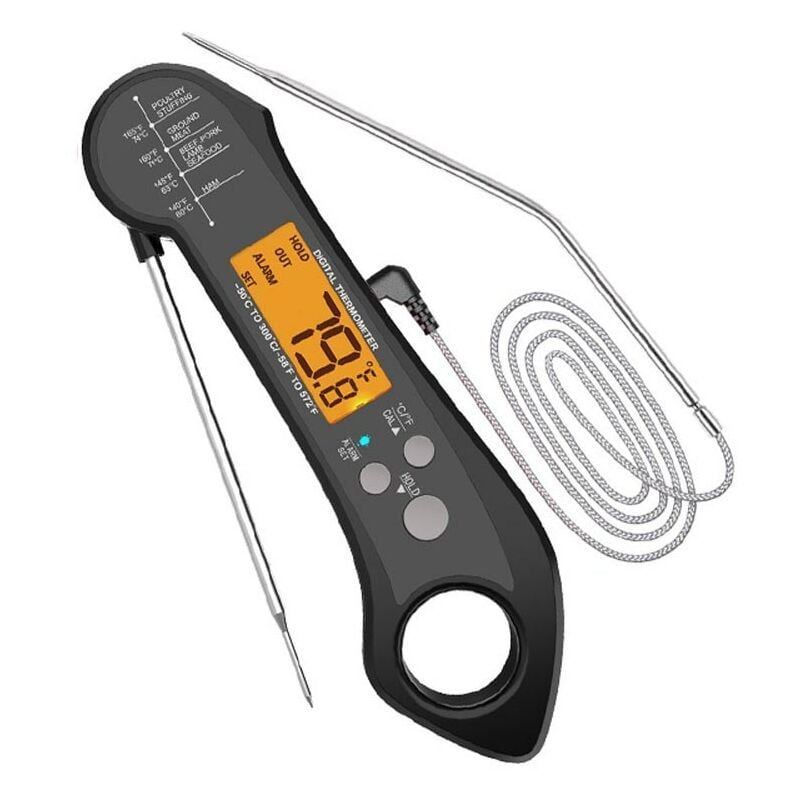 Jusch - Thermomètre alimentaire professionnel, lecture 1 seconde, 2 sondes en acier inoxydable, précision 1 degré, alarme, magnétique, fonction