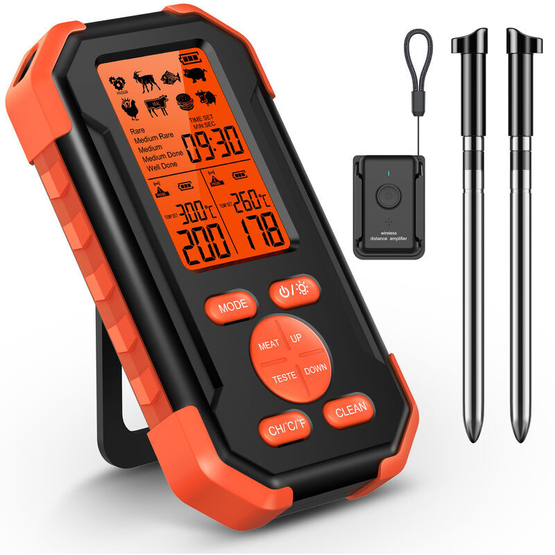 Thermometre alimentaire sans fil pour barbecue avec 2 sondes et alarme sonore Grand ecran lcd retroeclaire, fonction minuterie