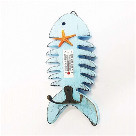 Thermomètre Analogique Thermomètre Mural En Bois Poisson Bleu Double Crochet à Clé
