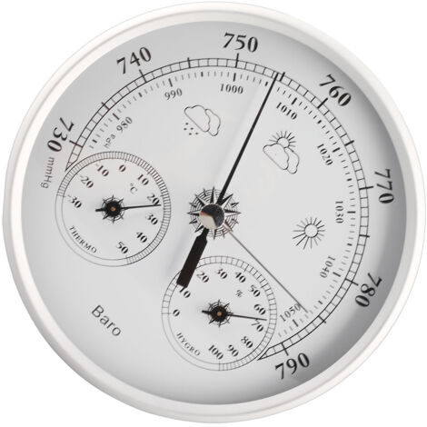 Thermomètre Baromètre Hygromètre 3 en 1 Toutes Saisons Tenture Murale Intérieur Extérieur Instrument Météo Précis Argent Blanc 130mm