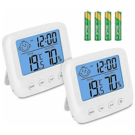 Thermomètre Chambre Bébé Lot De 2 Instruments MétéorologiquesThermometre Interieur Hygrometre Humidimetre Avec Rétroéclairage Capteur Humidité Fonction ℃ / ℉ / Horloge / Date