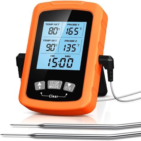 Thermomètre Cuisine avec Sondes Doubles 16.3cm, Minuteur et Température Préréglée Thermometre Cuisson Numérique Lecture Instantané avec Écran LCD & Auto-Arrêt pour Barbecue/Fumoir/Grill/Four
