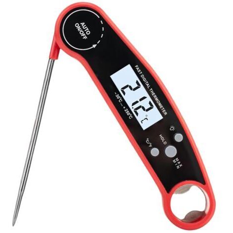 Thermometre Cuisine- Thermometre Cuisson, Sonde Cuisson Spécial Viande, Barbecue, BBQ et Aliments - Écran LCD Clair - Fonction Allumage/Extinction Automatique - Couleur Rouge