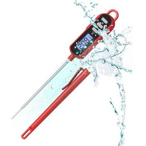 Thermomètre Cuisine,Thermomètre de Cuisine à Lecture Instantanée avec Sonde Longue et écran LCD, étanche IPX6 pour la Cuisson,Patisserie, Viande, Boissons Chaudes, BBQ - Rouge