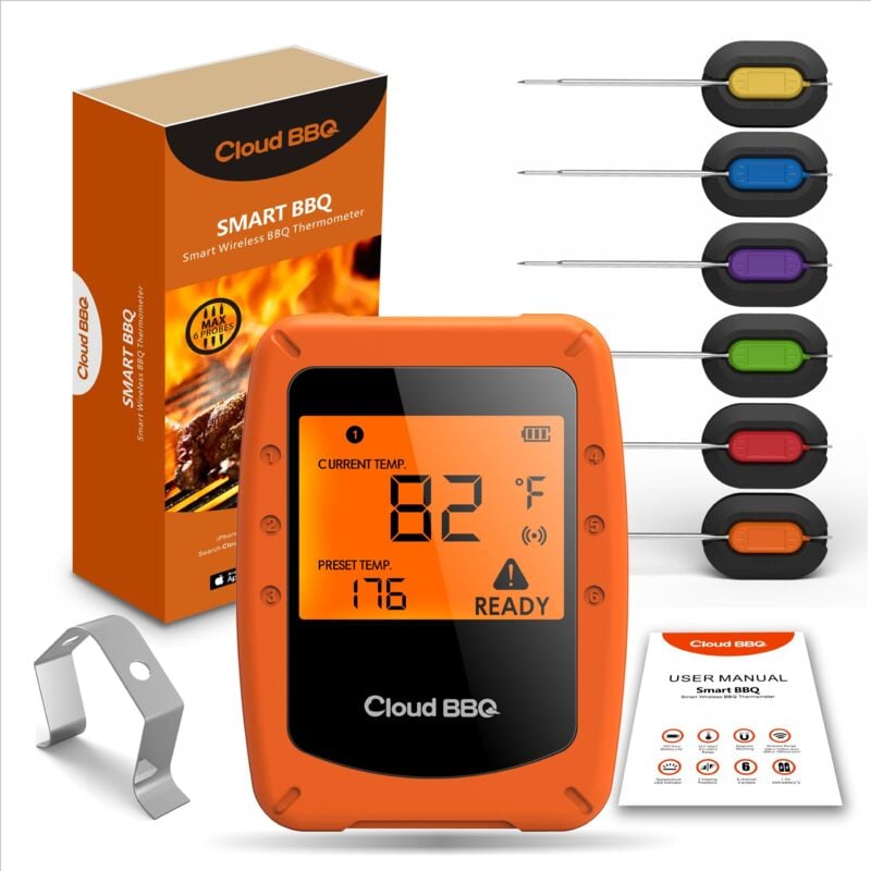 Thermomètre de barbecue sans fil intelligent - Thermomètre de cuisine pour four, barbecue, fumoir - Avec écran LCD et magnétique, 6 sondes