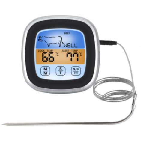 Thermomètre de cuisine numérique LCD grand format avec alarme et compte à rebours, thermomètre à viande avec minuterie et sonde en acier inoxydable à lecture rapide pour four et gril.