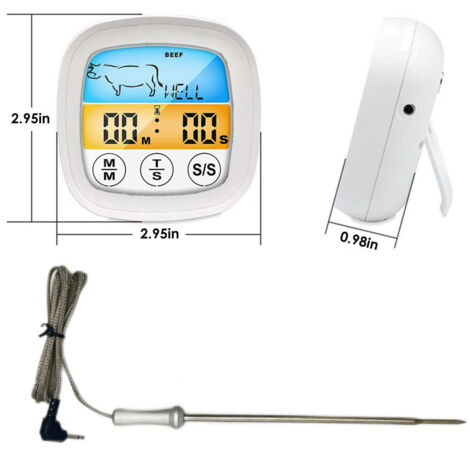 Thermomètre de cuisson électronique blanc avec minuteur, écran couleur tactile et alarme de viande.-AquaForge