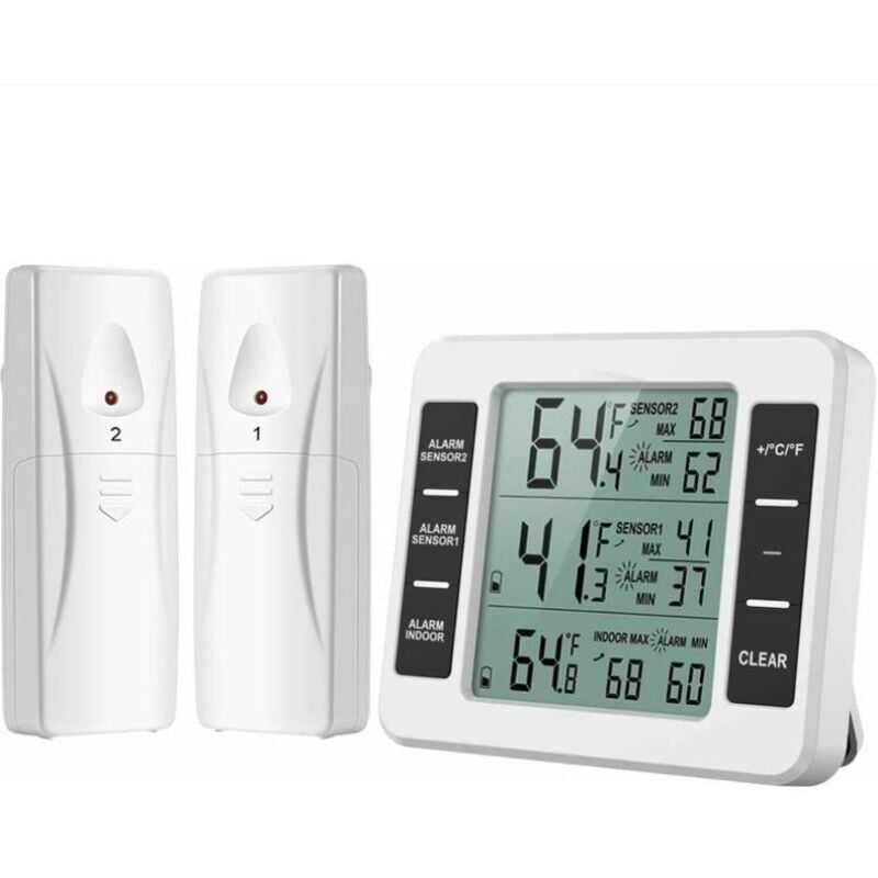 Thermomètre de Frigo Congelateur, T-AudaceThermomètre de Réfrigérateur sans Fil avec 2 Capteurs, Alarme Sonore, Min/Max, Thermomètre in/Extérieur
