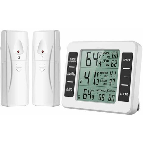 Thermomètre de Frigo Congelateur, Thermomètre de Réfrigérateur sans Fil avec 2 Capteurs, Alarme Sonore, Min/Max, Thermomètre in/Extérieur pour Maison Cuisine Restaurant Bars Café