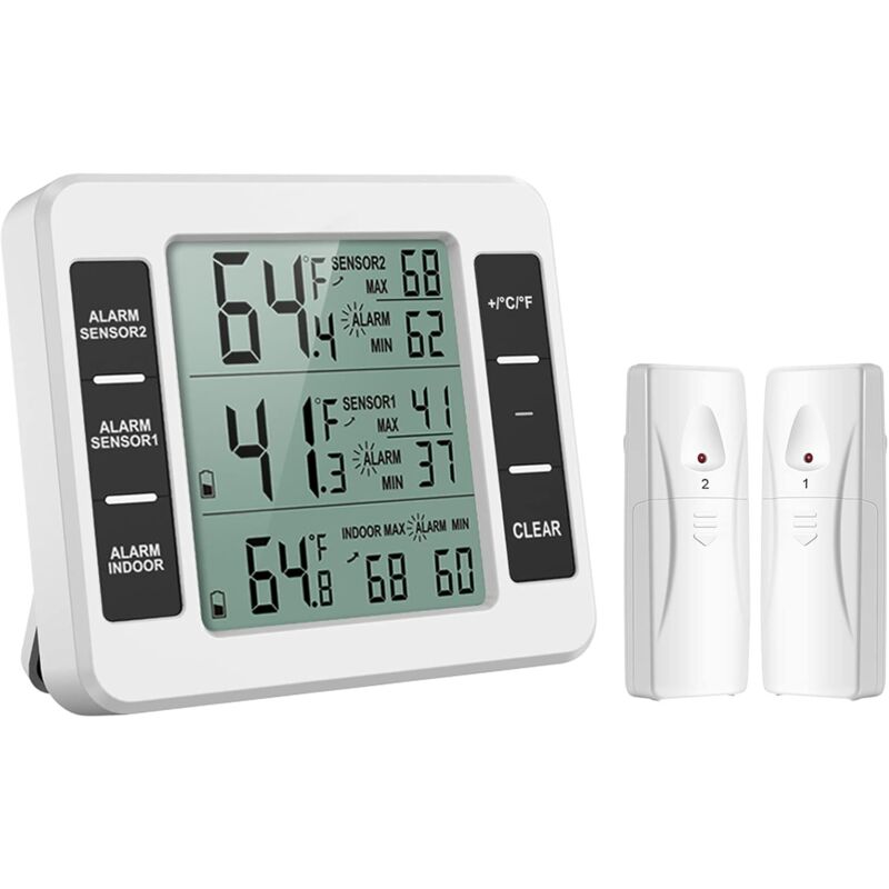 Thermomètre de Frigo Congelateur, Thermomètre de Réfrigérateur Sans Fil avec 2 Capteurs, Alarme Sonore, Min/Max pour Maison Cuisine Restaurant
