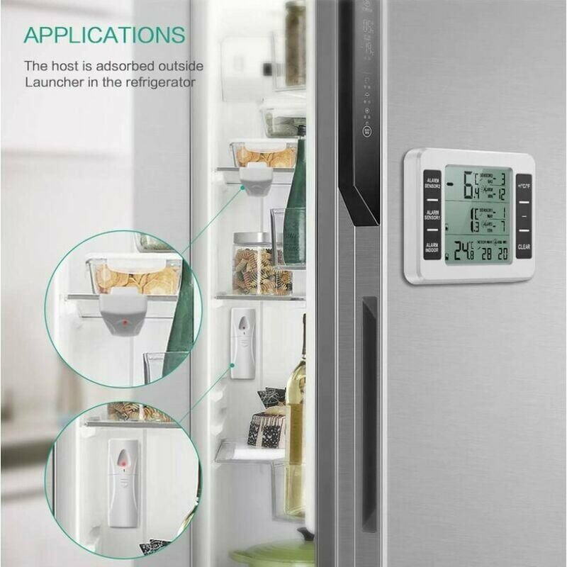 Thermomètre de Frigo Congelateur, Thermomètre de Réfrigérateur sans Fil avec 2 Capteurs, Alarme Sonore, Min/Max, Thermomètre in/Extérieur pour Maison