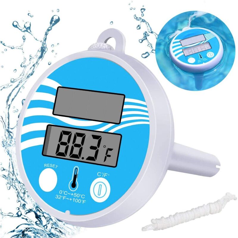 Thermomètre de piscine flottant solaire numérique avec cordon pour piscines extérieures et intérieures, spas, jacuzzi, aquariums et étangs à poissons
