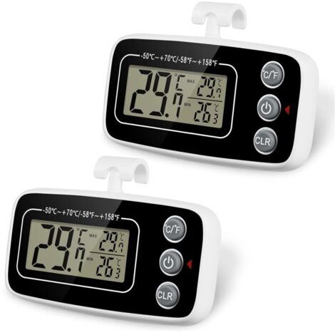 Thermomètre de réfrigérateur, 2 thermomètres de congélateur étanches avec crochet Fonction d'enregistrement Max/Min Écran LCD facile à lire Parfait pour la maison (Blanc et Noir)