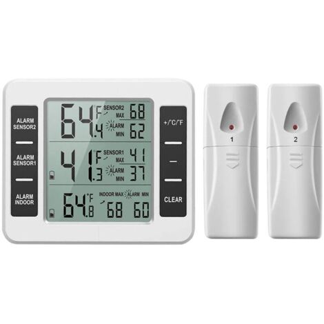 Thermomètre de réfrigérateur numérique sans fil, version améliorée du capteur numérique de thermomètre congelé, avec alarme sonore de capteur 2PCS et moniteur de température intérieure / extérieure