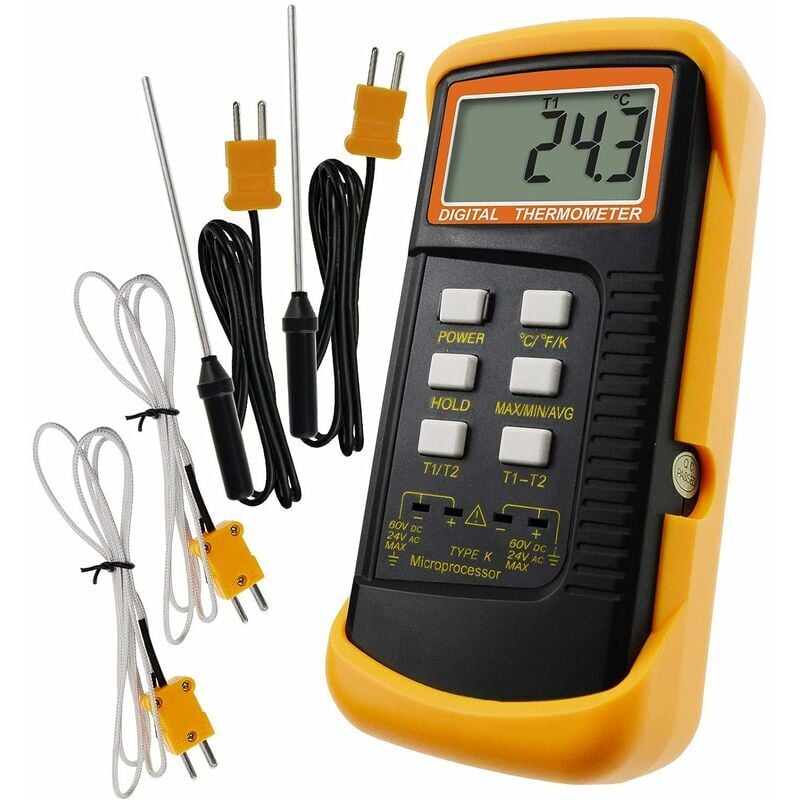 Thermomètre de type K avec capteur thermocouple 1300 °C (°C, °F et K avec 4 thermocouples (filaires et inox)