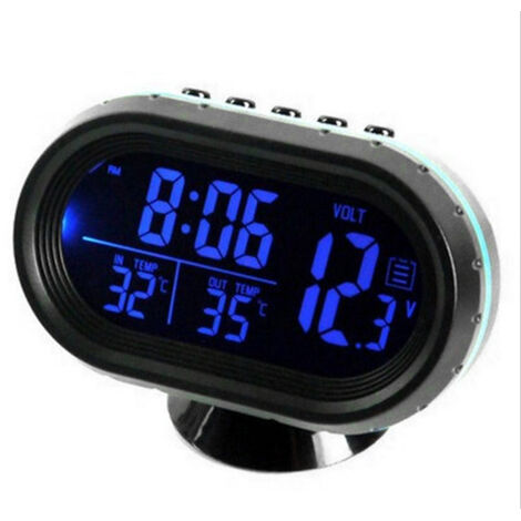 Thermometre De Voiture Horloge Numerique Dc 12V Horloge Automobile Led Lumineux Auto Double Jauge De Temperature Voltmetre Testeur De Tension, Bleu