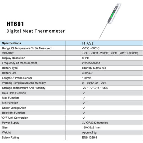 Thermomètre Digital à Lecture Instantanée HABOTEST pour Cuisson Viande Grillage BBQ avec Longue Sonde HT691 Blanc