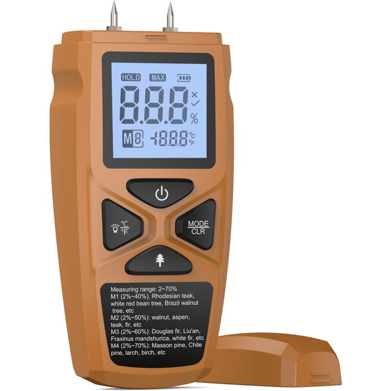 Thermomètre en Bois d'humidité Thermomètre Données de Haute Précision Hold LCD Affichage Noir pour les Menuisiers Carpentiers Professionnels (Jaune)